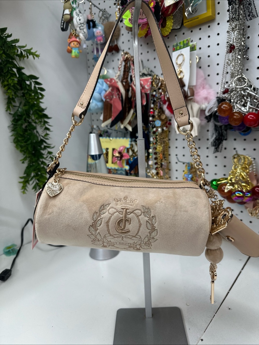 Juicy Couture Blush Beige Suede Barrel Shoulder Bag with Gold Hardware